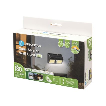 Aigostar - LED Päikesepaneeliga seinavalgusti koos anduriga LED/20W/5,5V 2400 mAh 6500K IP65