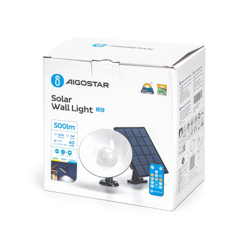 Aigostar - LED Päikesepaneeliga seinavalgusti LED/3,2V 3000K/4000K/6500K 5000 mAh IP65 + kaugjuhtimispult