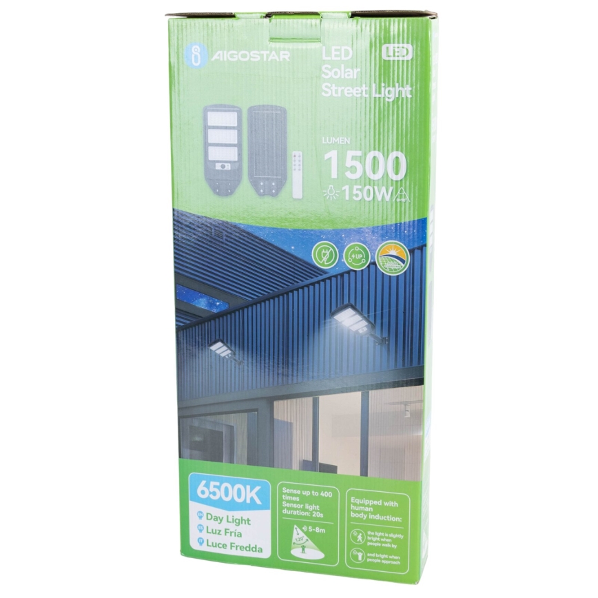 Aigostar - LED Päikesepaneeliga tänavalamp koos anduriga LED/150W/3,2V 8000mAh IP65 6500K + kaugjuhtimispult