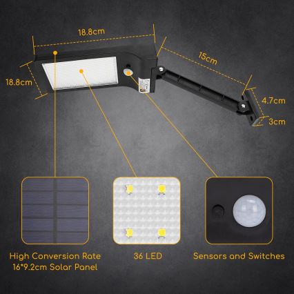 Aigostar - LED Päikesepaneeliga tänavalamp koos anduriga LED/2,3W/5,5V 1800 mAh IP65