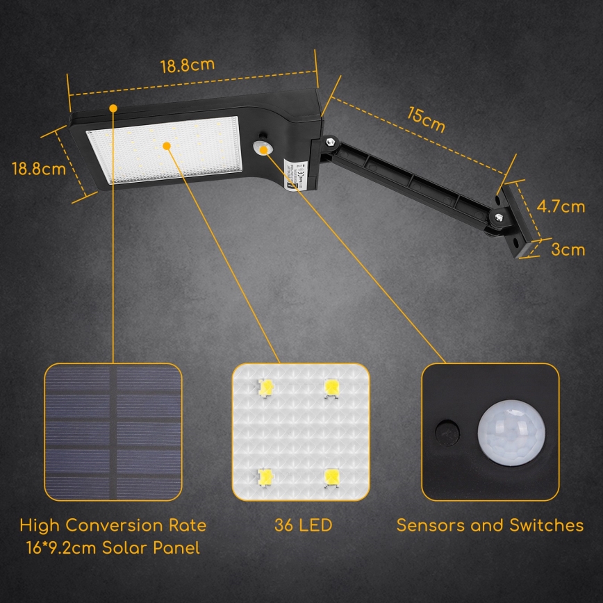Aigostar - LED Päikesepaneeliga tänavalamp koos anduriga LED/2,3W/5,5V 1800 mAh IP65