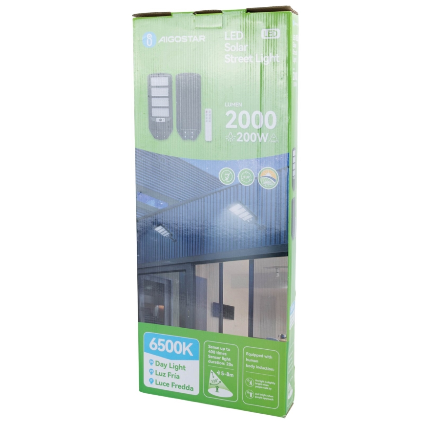 Aigostar - LED Päikesepaneeliga tänavalamp koos anduriga LED/200W/3,2V 12000mAh IP65 6500K + kaugjuhtimispult