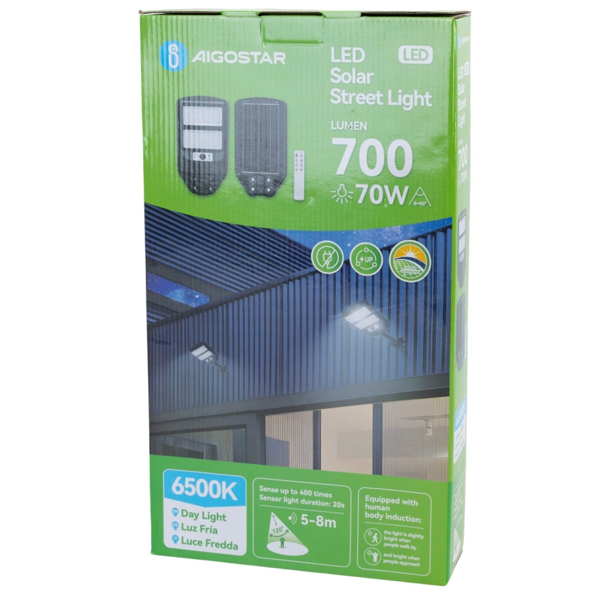 Aigostar - LED Päikesepaneeliga tänavalamp koos anduriga LED/70W/3,2V 4000mAh IP65 6500K + kaugjuhtimispult