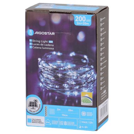 Aigostar - LED päikesekett 200xLED/8-režiimne 22 m IP65 külmvalge 800 mAh