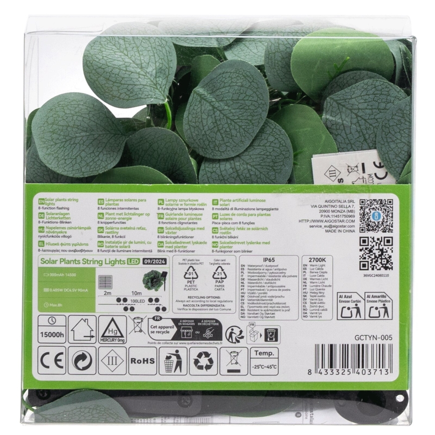 Aigostar - LED päikesepaneeliga valguskett 100xLED/12m IP65 soe valge eukalüpt