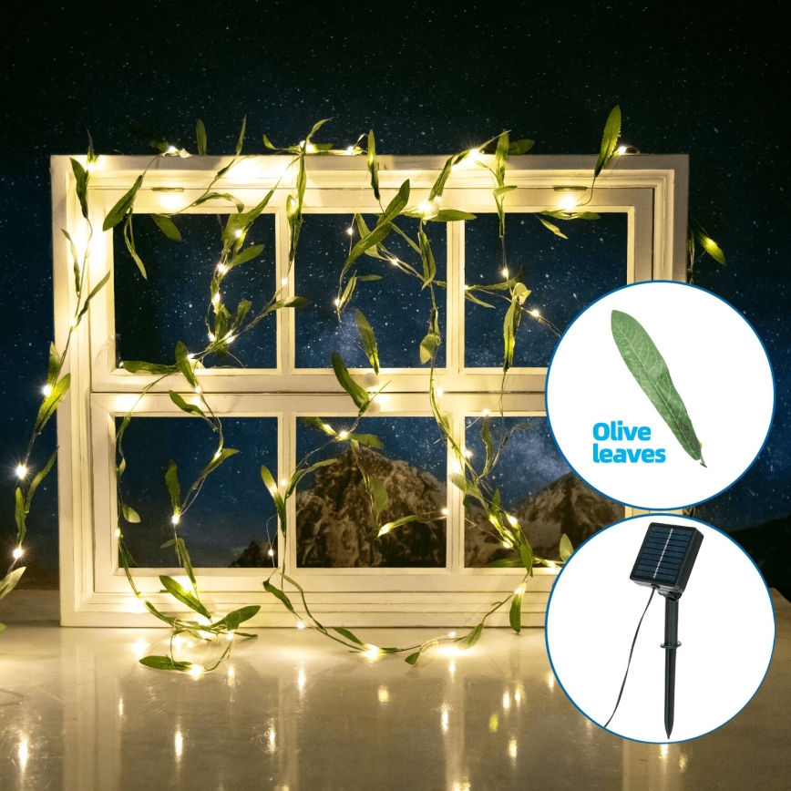 Aigostar - LED päikesepaneeliga valguskett 100xLED/12m IP65 soe valge oliiv