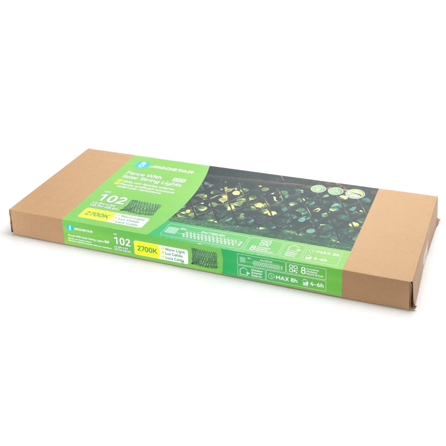Aigostar - LED päikesepaneeliga valguskett 102xLED/2x0,7m IP65 soe valge eukalüpt