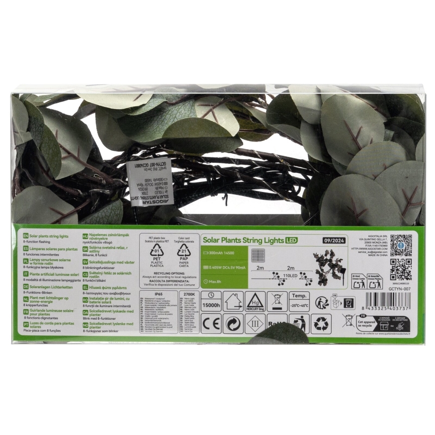 Aigostar - LED Päikesepaneeliga valguskett 110xLED/4m IP65 300 mAh soe valge eukalüpt