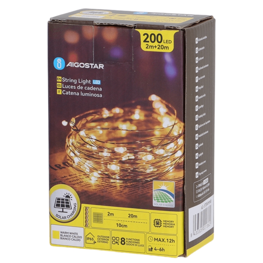 Aigostar - LED päikesepaneeliga valguskett 200xLED/8 funktsiooni 22 m IP65 soe valge 800 mAh