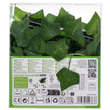 Aigostar - LED Päikesepaneeliga valguskett 50xLED/7m IP65 soe valge ivy