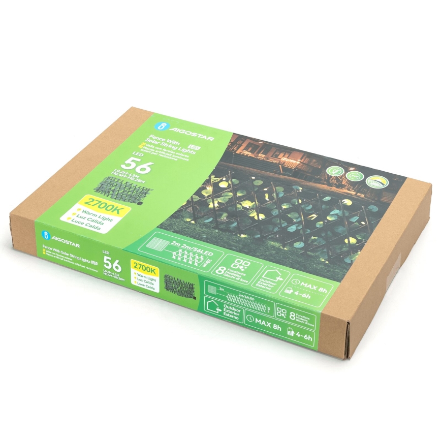 Aigostar - LED päikesepaneeliga valguskett 56xLED/2x0,4m IP65 soe valge eukalüpt