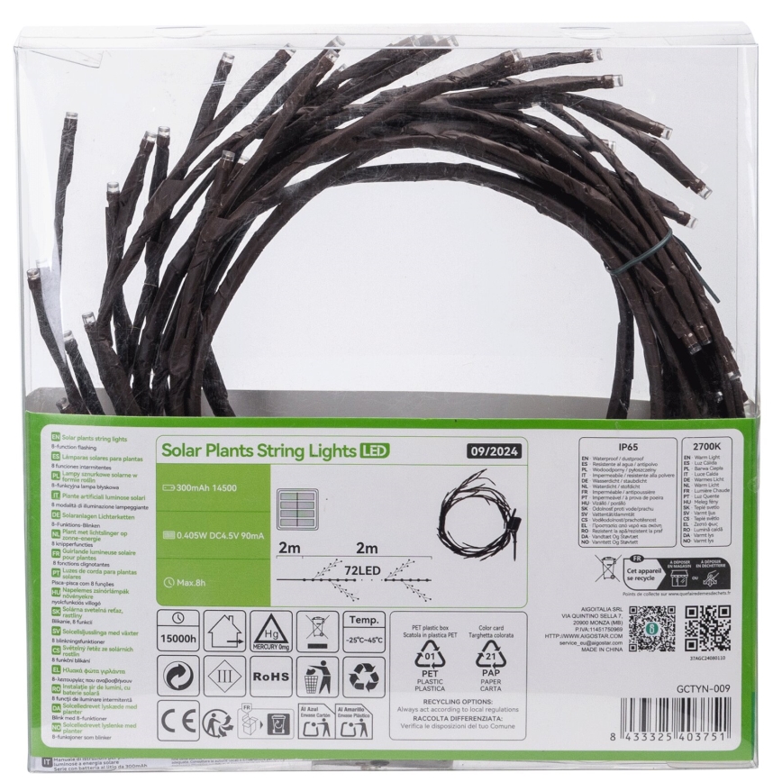 Aigostar - LED Päikesepaneeliga valguskett 72xLED/4m IP65 300 mAh soe valge puuoksad