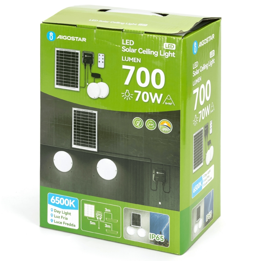 Aigostar - LED Päikesepaneeliga valgusti 2xLED/35W/12V 6000 mAh 6500K d. 16,8 cm + kaugjuhtimispult