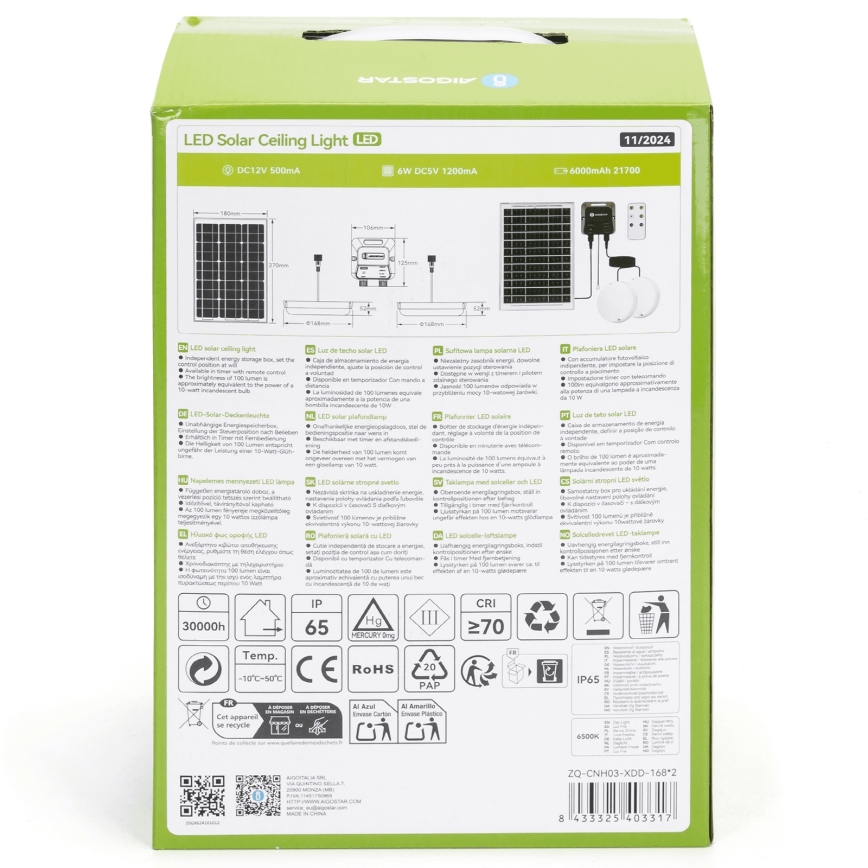 Aigostar - LED Päikesepaneeliga valgusti 2xLED/35W/12V 6000 mAh 6500K d. 16,8 cm + kaugjuhtimispult
