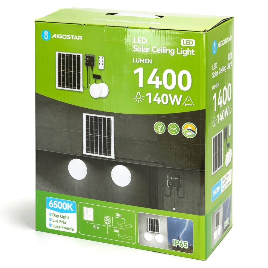 Aigostar - LED Päikesepaneeliga valgusti 2xLED/70W/12V 12000 mAh 6500K d. 20,5 cm + kaugjuhtimispult