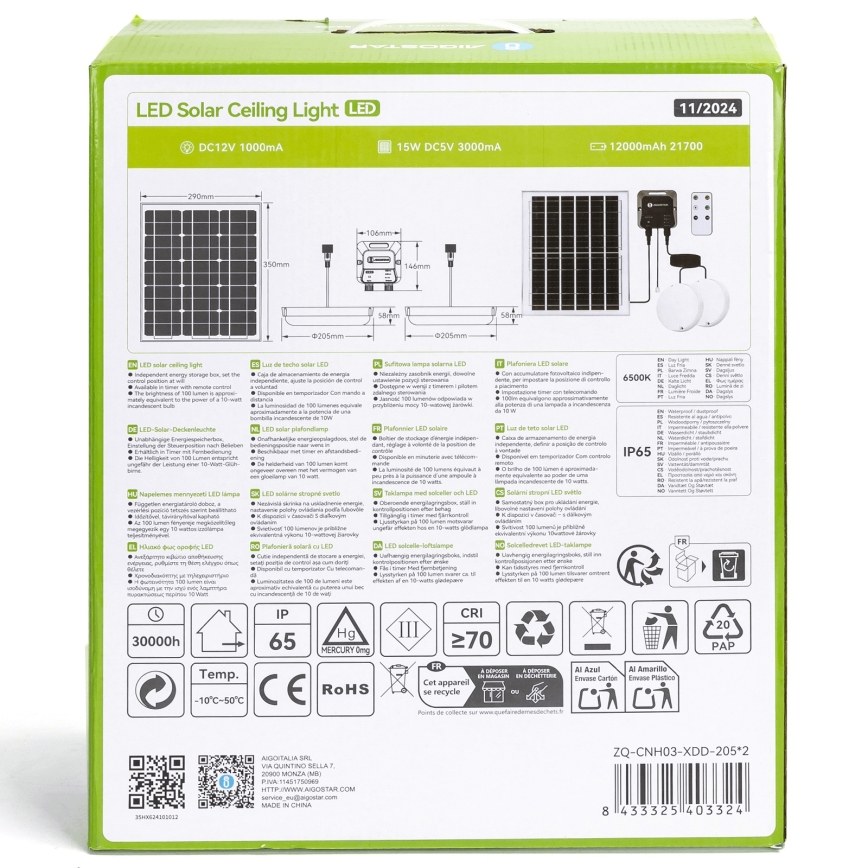 Aigostar - LED Päikesepaneeliga valgusti 2xLED/70W/12V 12000 mAh 6500K d. 20,5 cm + kaugjuhtimispult