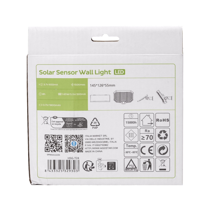 Aigostar - LED Päikesepaneeliga valgusti koos liikumisanduriga LED/2,4W/3,7V IP65
