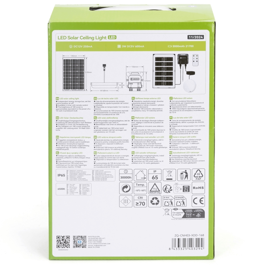 Aigostar - LED Päikesepaneeliga valgusti LED/35W/12V 3000 mAh 6500K d. 16,8 cm + kaugjuhtimispult