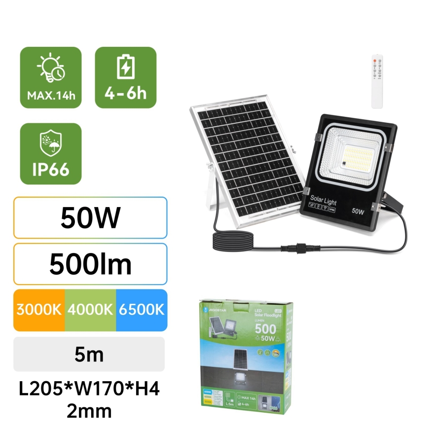 Aigostar - LED päikesereflektor LED/50W/3,2V 1200mAh 3000K/4000K/6500K IP66 + kaugjuhtimispult