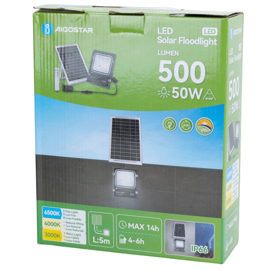 Aigostar - LED päikesereflektor LED/50W/3,2V 1200mAh 3000K/4000K/6500K IP66 + kaugjuhtimispult