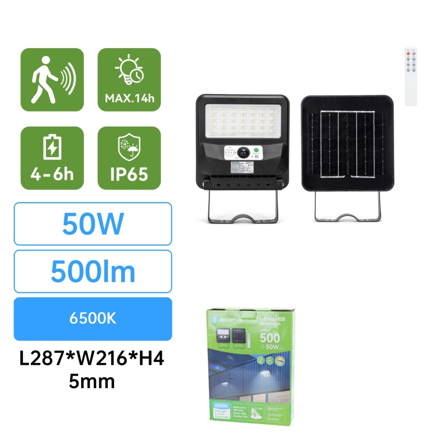 Aigostar - LED päikese tänavavalgusti anduriga LED/50W/3,2V 1000mAh 6500K + kaugjuhtimispult