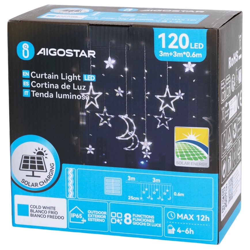 Aigostar - LED päikesepaneeliga valguskett 120 LED / 8 funktsiooni 3 x 0,6 m 500 mAh IP65 külmvalge
