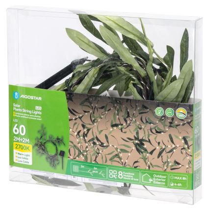 Aigostar - LED päikesevalguse kett 60xLED/4m IP65 300 mAh soe valge oliiv