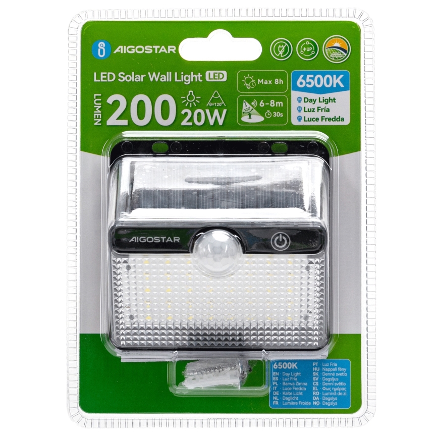 Aigostar - LED päikesevalgusti anduriga, 3,7 V, 6500 K, 1200 mAh, IP65, must