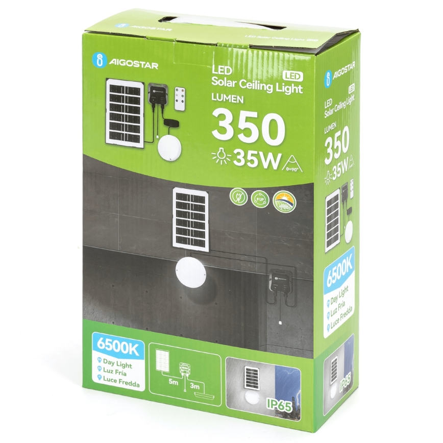 Aigostar - LED päikesevalgusti LED/35W/12V 3000 mAh 6500K IP65 läbimõõt 16,8 cm + kaugjuhtimispult