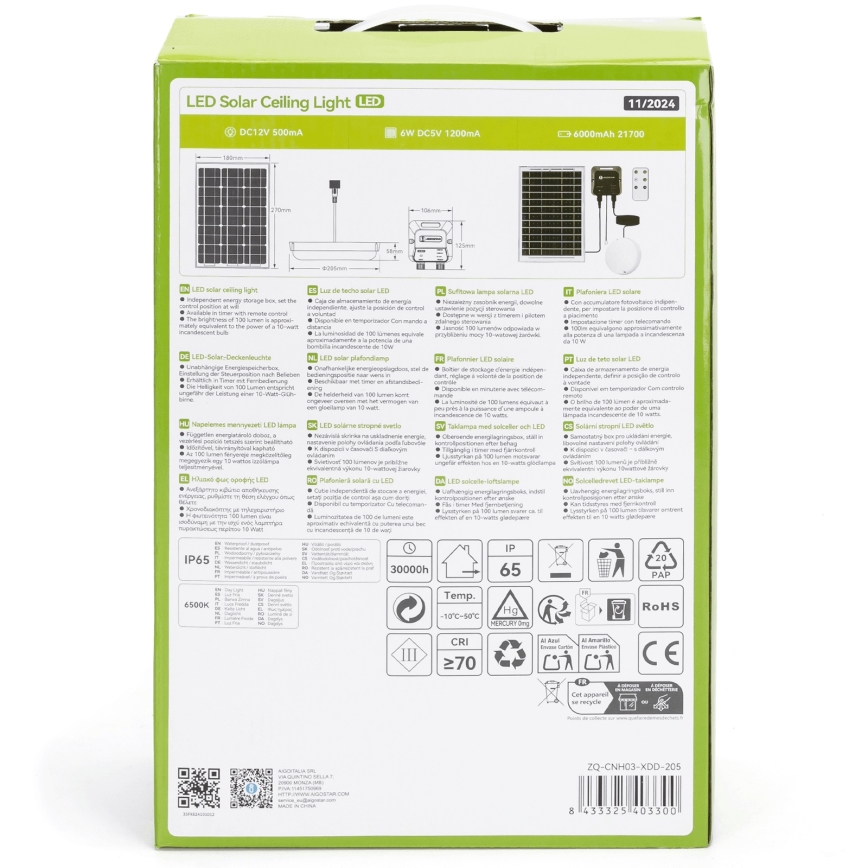 Aigostar - LED päikesevalgusti LED/70W/12V 6000 mAh 6500K IP65 läbimõõt 20,5 cm + kaugjuhtimispult
