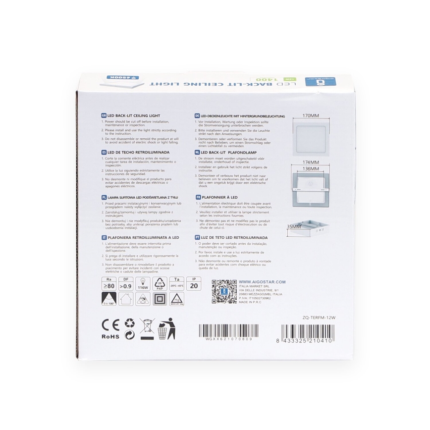 Aigostar - LED Pinnale kinnitatav laevalgusti LED/12W/230V 17,3x17,3 cm 6500K valge
