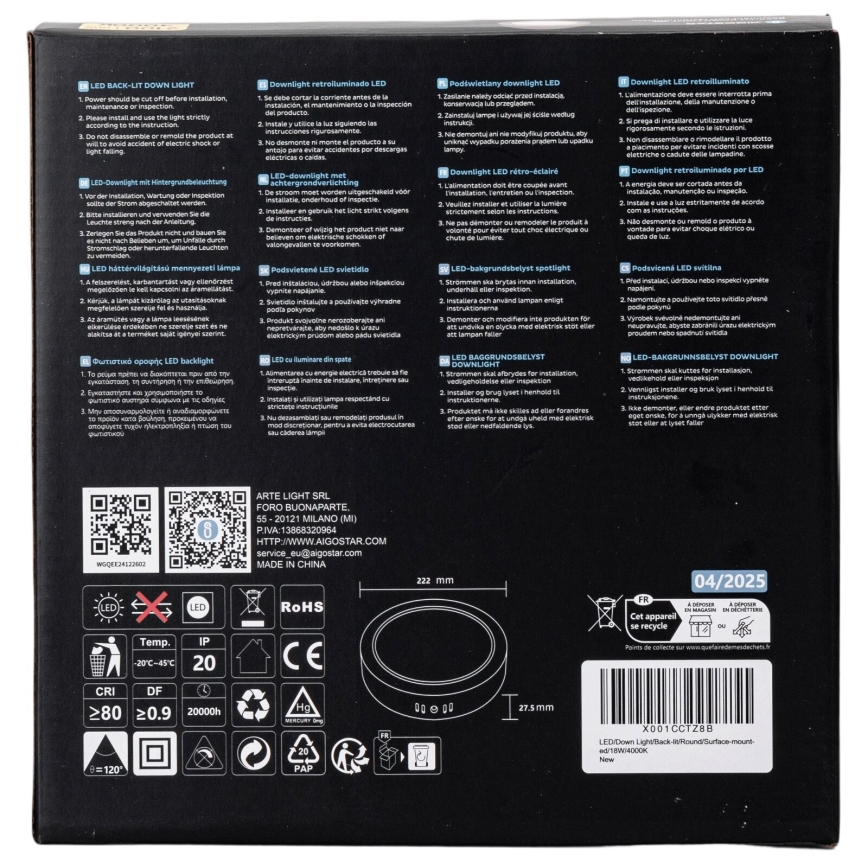 Aigostar - LED Pinnale kinnitatav laevalgusti LED/18W/230V d. 22,6 cm 4000K valge