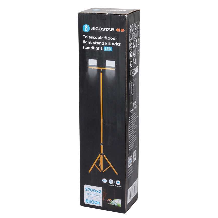 Aigostar - LED-reflektor statiiviga 2xLED/30W/230V 6500K IP65 oranž/must