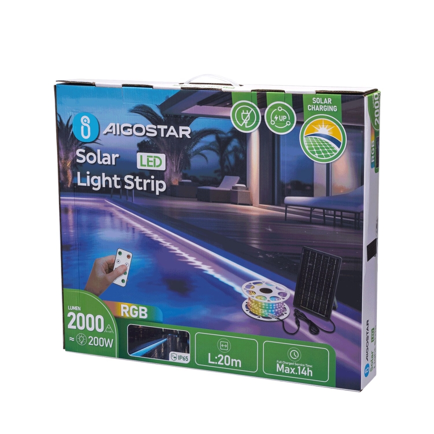 Aigostar - LED RGB Hämardatav päikesepaneeliga valgusriba LED/20W/3,2V 20 m IP65 20000 mAh + kaugjuhtimispult