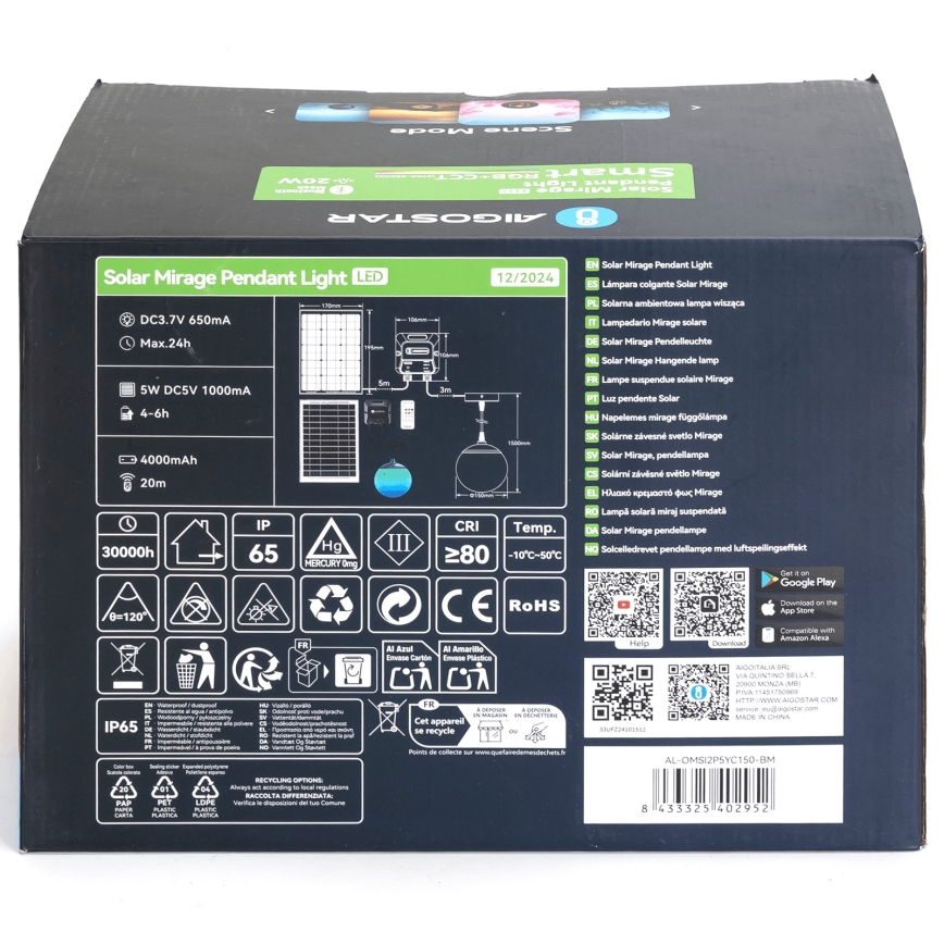 Aigostar - LED RGB Hämardatav päikesepaneeliga lühter MESH LED/20W/3,7V 4000 mAh 2700K-6500K IP65 d. 15 cm