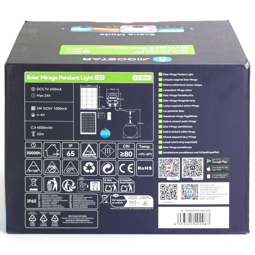 Aigostar - LED RGB Hämardatav päikesepaneeliga lühter MESH LED/20W/3,7V 4000 mAh 2700K-6500K IP65 d. 20 cm