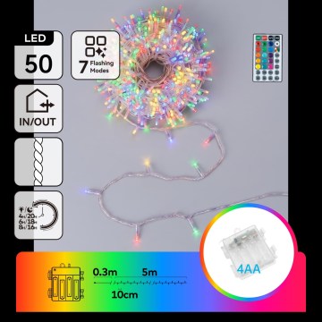 Aigostar - LED RGB Välistingimuste jõulurida 50xLED/7 funktsiooni 4xAA 5,3m IP44 mitmevärviline + kaugjuhtimispult