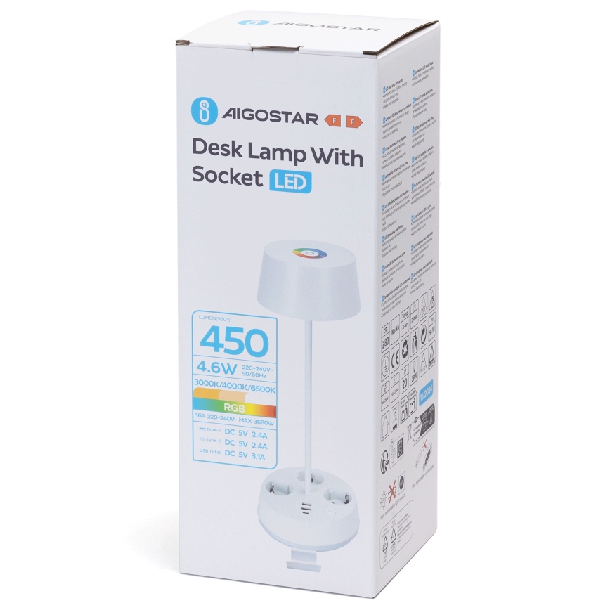 Aigostar - LED RGBW dimmerdatav lamp, mille pistikut ja USB LED/4.6W/230V 3000/4000/6500K valge