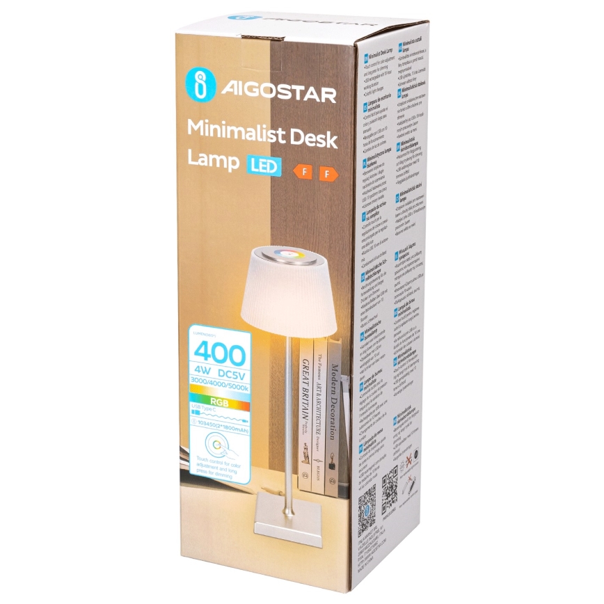 Aigostar - LED RGBW Väli hämardatav laetav laualamp LED/4W/5V 3600mAh valge/matt kroom IP54