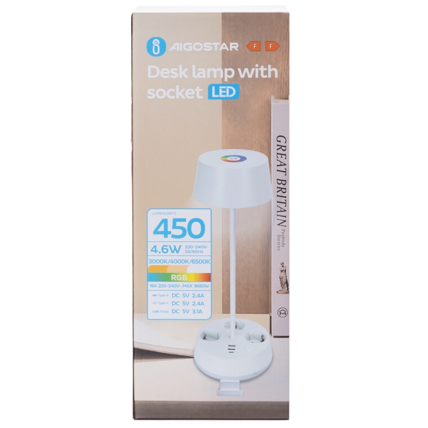 Aigostar - LED RGBW hämardatav lauavalgusti pistikupesadega ja USB-pordiga LED/4,6W/230V 3000/4000/6500K valge