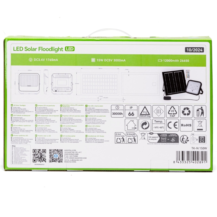 Aigostar - LED RGBW Hämardatav päikesepaneeliga prožektor LED/150W/3,4V IP66 + kaugjuhtimispult