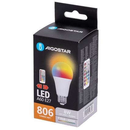 Aigostar - LED RGBW hämardatav pirn A60 E27/8W/230V 3000K + kaugjuhtimispult