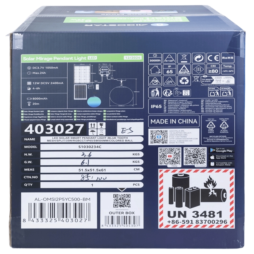 Aigostar - LED RGBW Hämardatav päikesepaneeliga lühter MESH LED/35W/3,7V 8000 mAh 2700K-6500K IP65 d. 50 cm