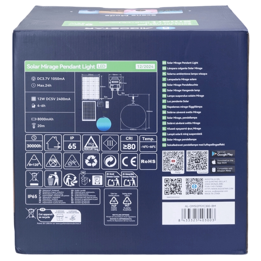 Aigostar - LED RGBW hämardatav päikesepaneeliga laelamp MESH LED/5W/3,7V 8000 mAh 2700K-6500K IP65 läbimõõt 30 cm