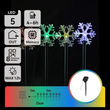 Aigostar - LED RGBY päikesepaneeliga jõuluvalgusti 5xLED/1,2V/8 funktsiooni 1m IP65 800mAh lumehelbed