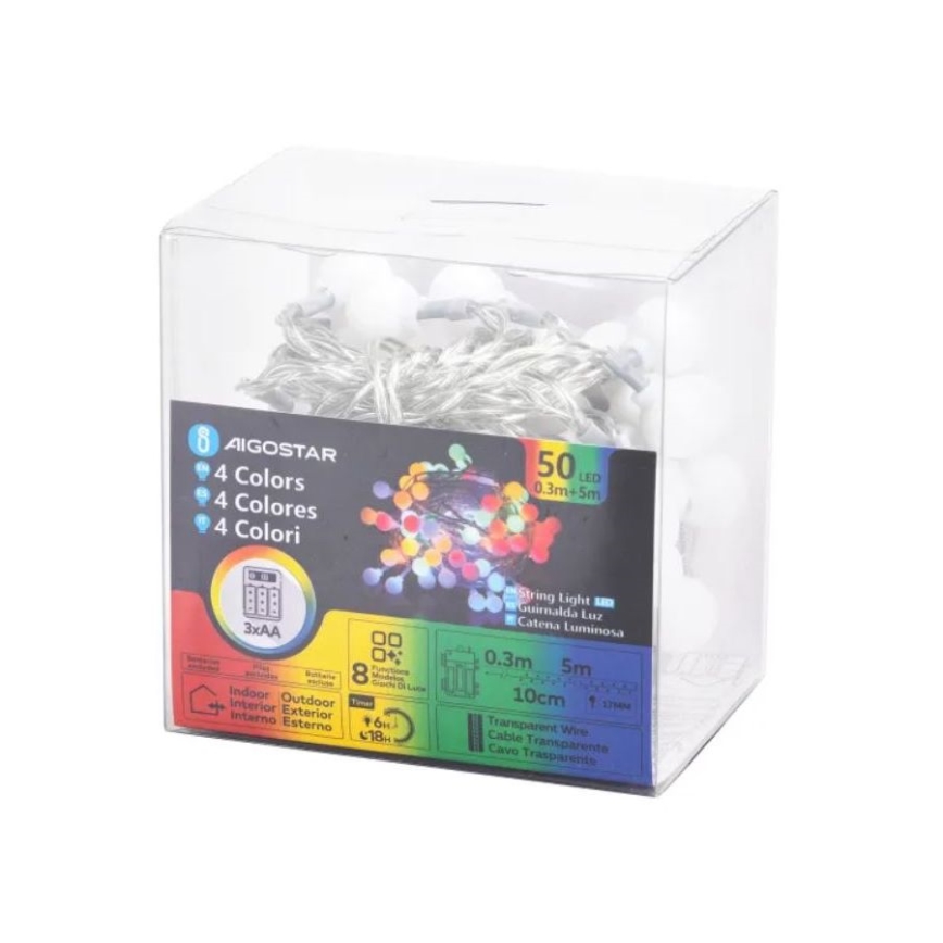 Aigostar - LED RGBY Väli Valguskett 50xLED/3xAA/8 funktsiooni 5,3 m IP44
