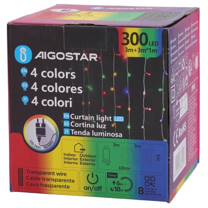 Aigostar - LED RGBY välistingimustele mõeldud valgusketi 300×LED, 8 funktsiooni, 3×1 m, IP44 + kaugjuhtimispult