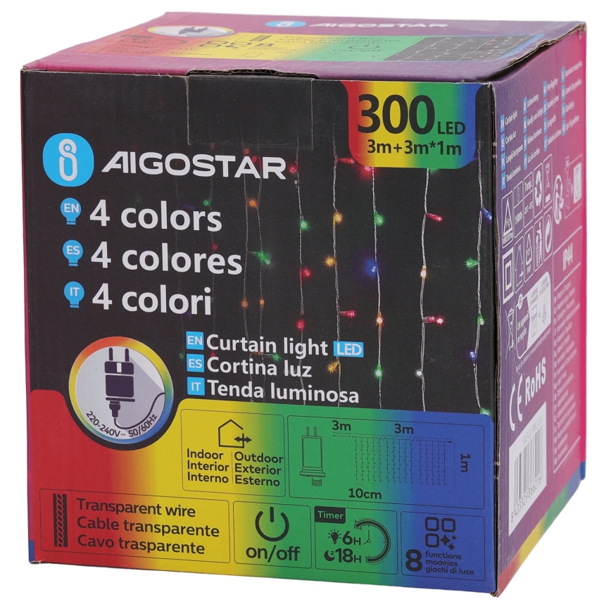 Aigostar - LED RGBY välistingimustele mõeldud valgusketi 300×LED, 8 funktsiooni, 3×1 m, IP44 + kaugjuhtimispult