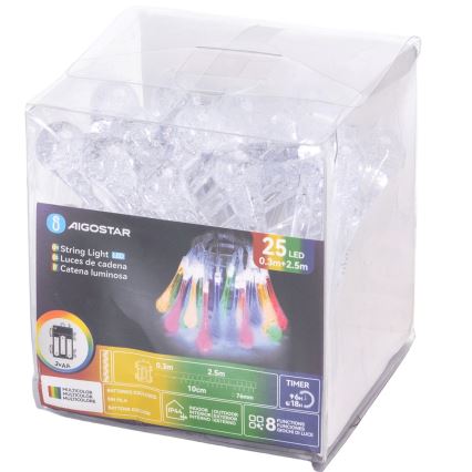 Aigostar - LED välistingimustele mõeldud valgusketi 25xLED, 8 režiimi, 3xAA, 2,5 m, IP44, mitmevärvilised tilgad