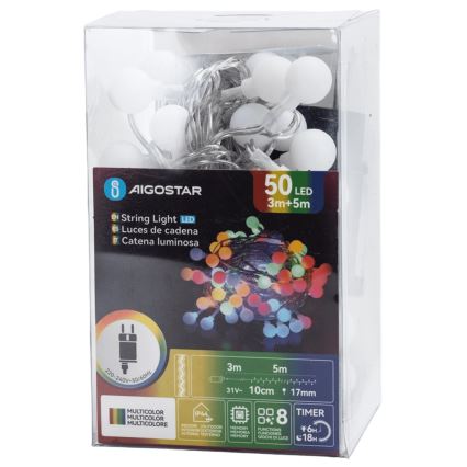 Aigostar - LED väljas kasutatav dekoratiivne valguskett 50xLED/8 funktsiooni 5 m IP44 mitmevärviline